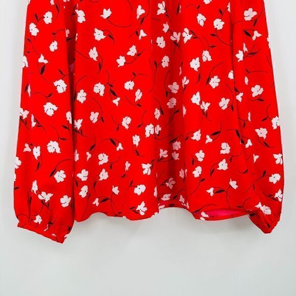 J. Crew Size Large Petite PL Red Floral Long Sleeve Ruffleneck Blouse Top - Picture 3 of 7